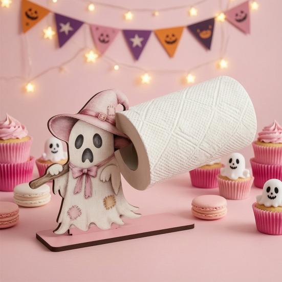 Kreativer Küchenarbeitsplatten-Ständer Halloween Schwarze Katze/Geist Rollenpapierhalter, Vertikaler Holz-Handtuchständer, Funktionale Feiertagshaus-Akzente