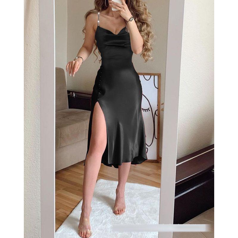Women Sexy Suspender Dress Women's Clothing Swing Collar Satin Dress