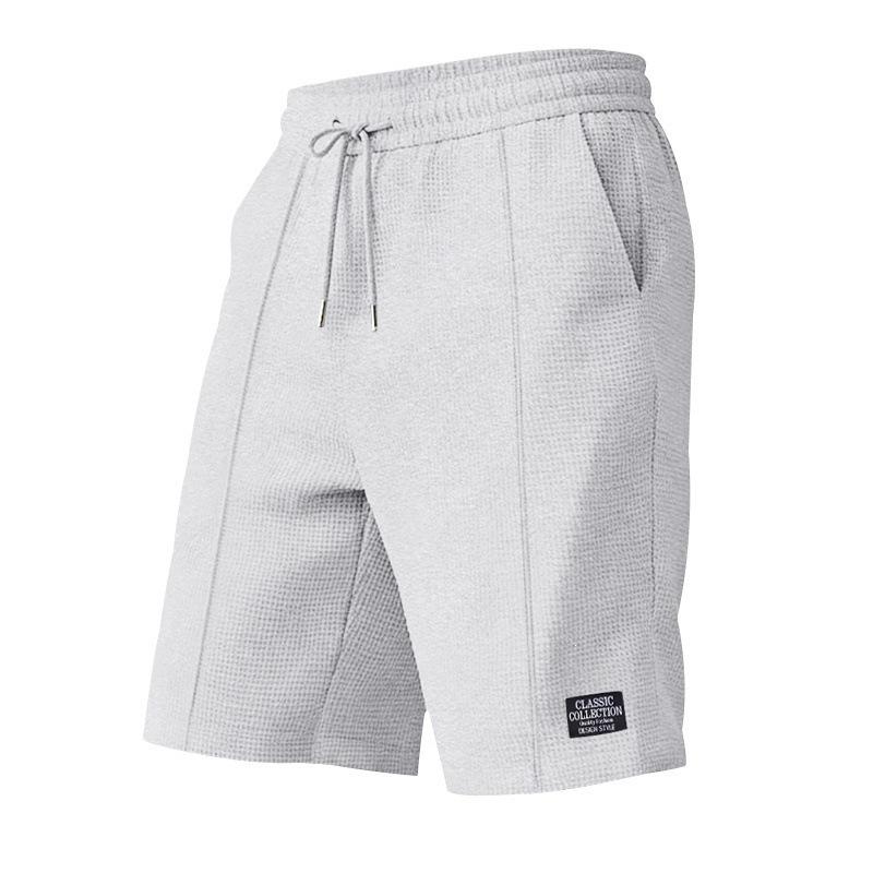 Men Casual Waffle Drawstring Elastic Waist Loose Beach Knee Length Shorts