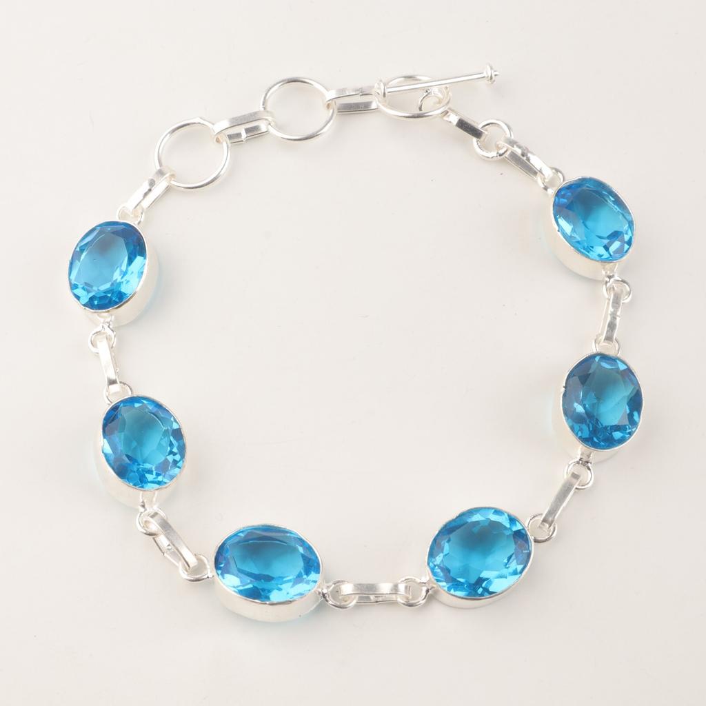 Swiss Blue Topaz Gemstone 925 Sterling Silver Jewelry Handmade Boho Bracelet 9" RB-5-11