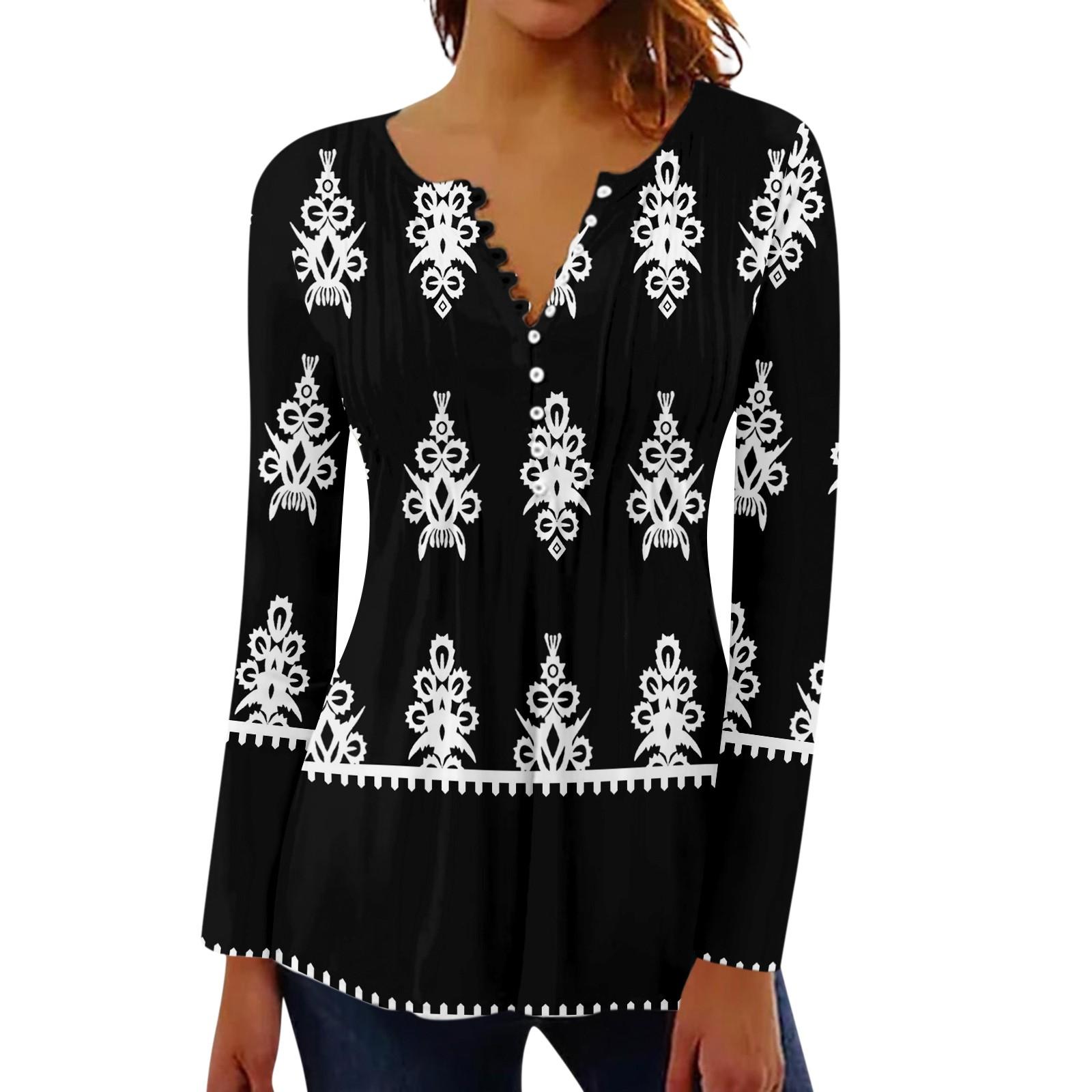 

Women s Pleated Button Retro Floral Print Top L чорний