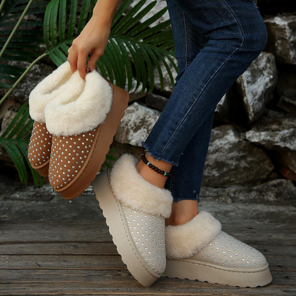 Women's Faux Diamonds Decorative Soft Sole Winter Warm Fur One Snow Boots Padded Lined Ankle Boots Non Slip Hiking Casual Sneakers