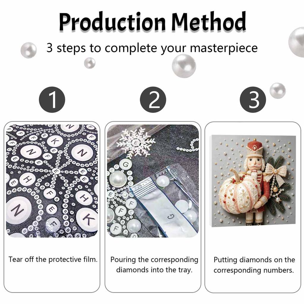 Framed Pearl Art DIY Kit with Nutcracker and Pumpkin Christmas Pattern 3D Sparkling Bead Canvas Painting Handmade Gift for Home Decoration