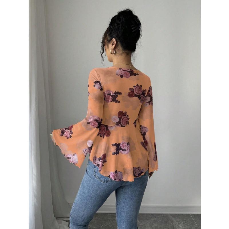 DAFIFY Women's Fashion Casual Spring Autumn Flower Pattern Print Long Sleeve V-Neck Blouses & Shirts