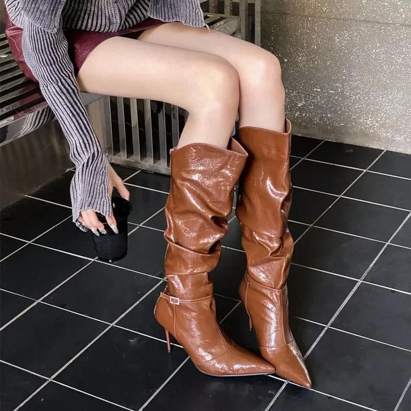 Sexy Pointed Toe Pleated Design Long Knee Boots Women  Luxury Soft Leather Thin High Heel High Boots for Women Botas Altas