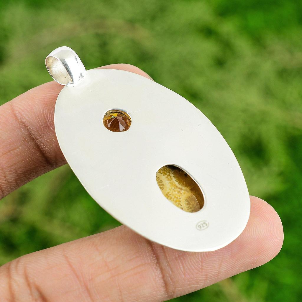 Daughters Day Deal Sterling Silver Fossil Coral Stone Citrine Pendant Jewelry