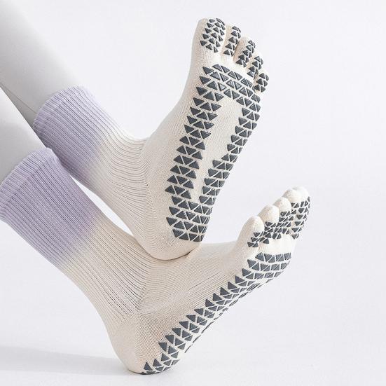 1 Pair Yoga Toe Socks with Non-slip Gripper Moisture Wicking Mid-calf Socks Women Ballet Dance Pilates Cotton 5-Toe Crew