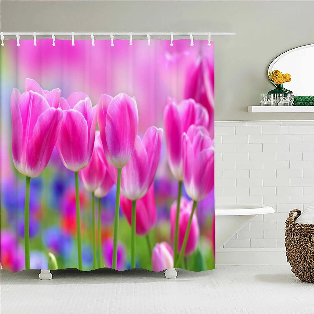 Colorful Tulip Flowers Shower Curtains 3D Beautiful Flower Print Bath Curtain Waterproof Fabric With Hooks Bathroom Decoration