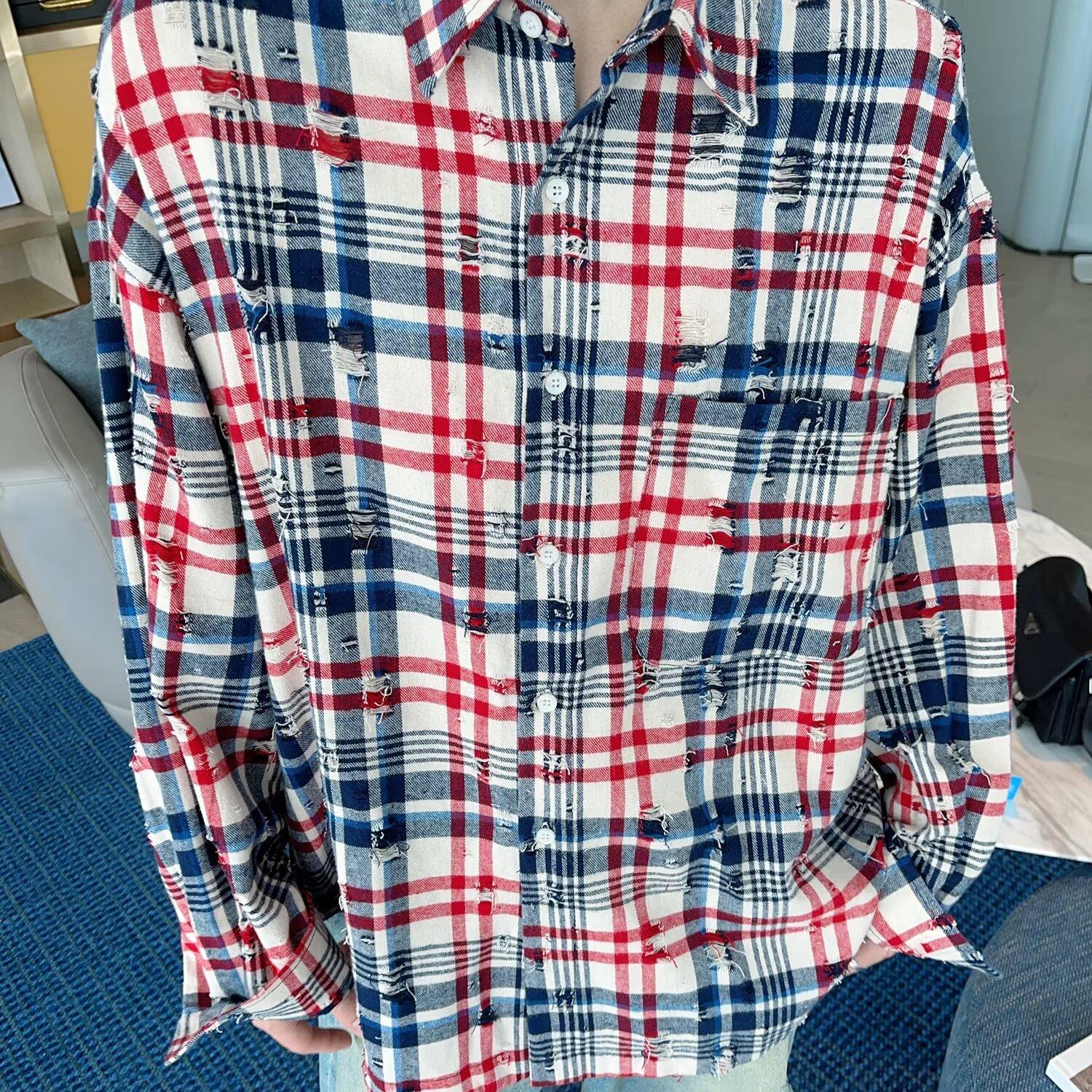 

2024 Клетчатая рубашка с длинным рукавом в японском стиле Гонконга Ins Свободная рубашка для мальчиков Летнее модное универсальное повседневное пальто 2XL красный