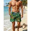 Calções de praia masculinos com estampado de plantas tropicais, apresentando elementos exuberantes de praia, adequados para praia, surf e uso no verão