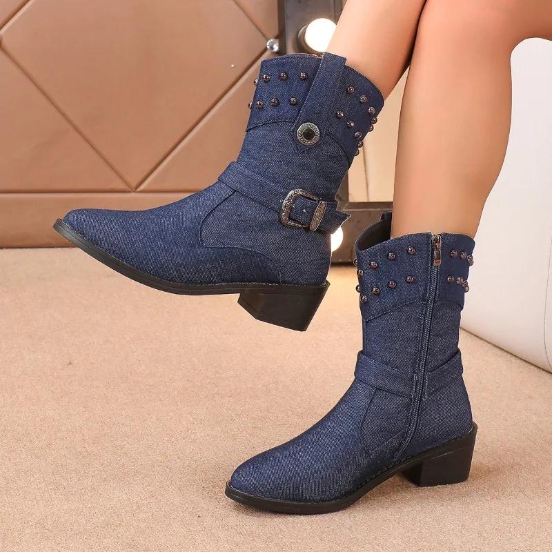 

Распродажа женской обуви, новинка 2024 года, женские ботинки на боковой молнии, зимние джинсовые модные ботинки с острым носком, однотонные модные ботинки на среднем каблуке 39 синий