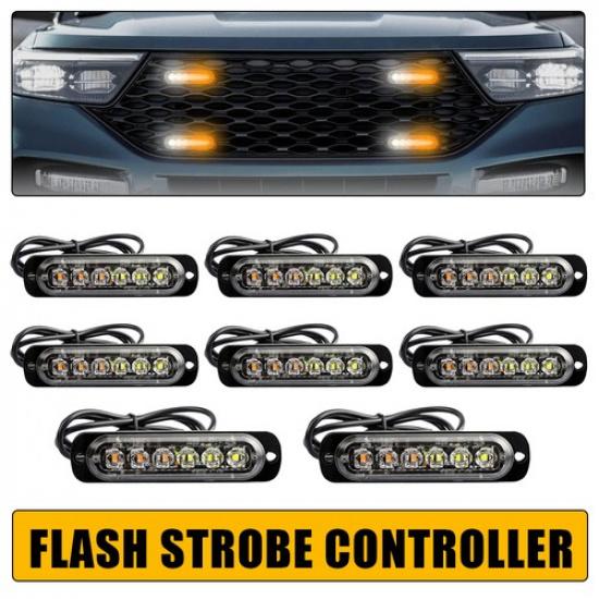 8PCS Amber White 6LED Car Flashing Hazard Warning Beacon Flash Strobe Bar Light