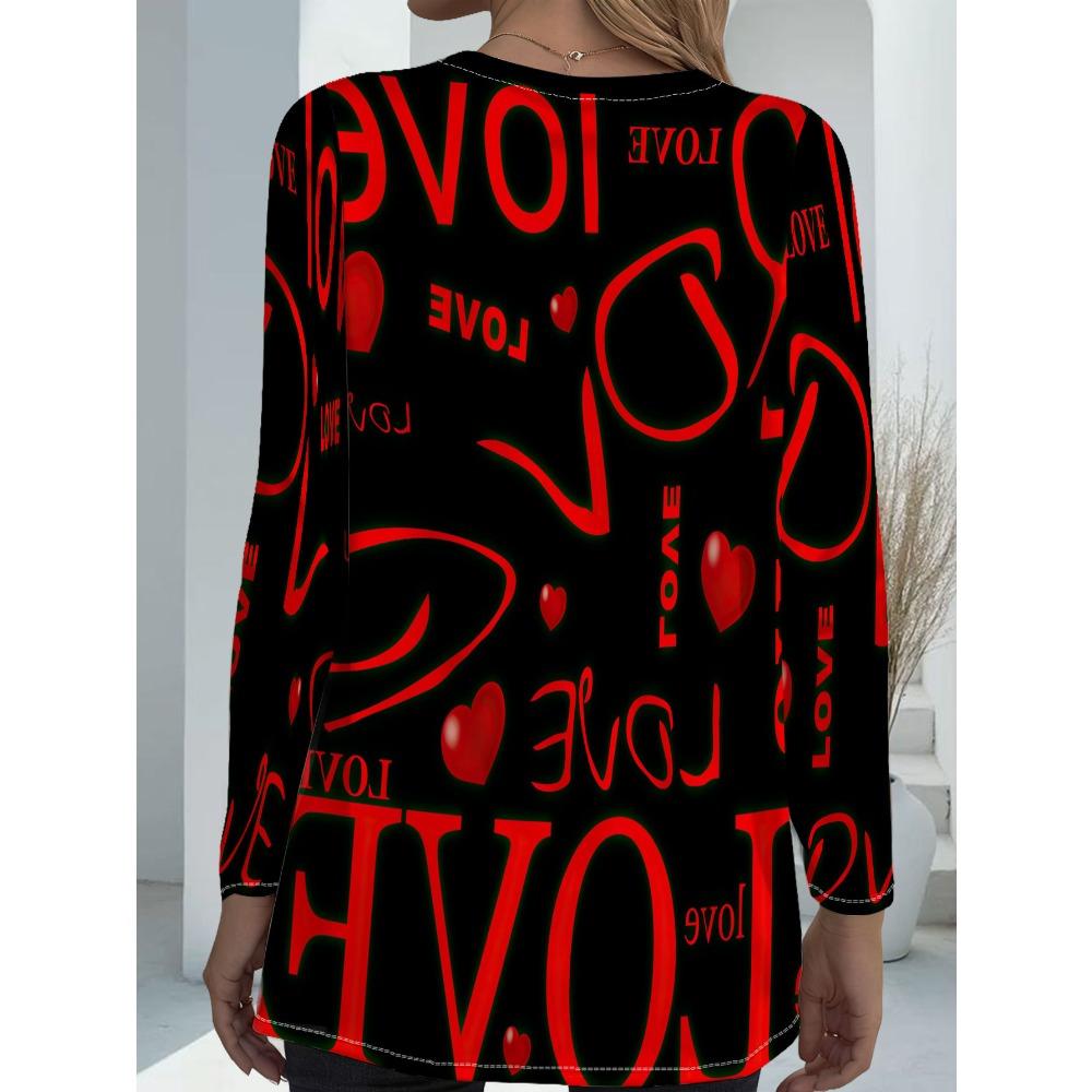 Women's Plus Size with Pocket Design Red LOVE Printed Long Sleeve T-Shirt