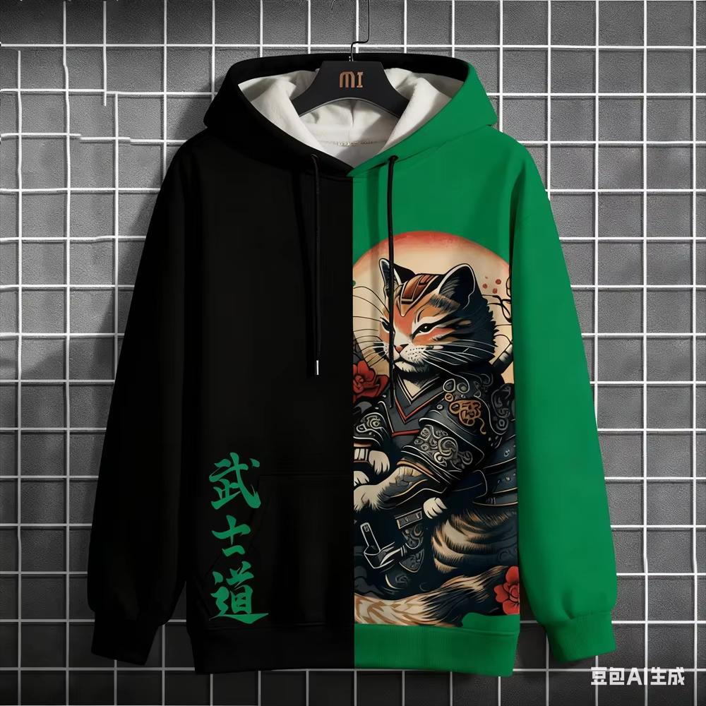 Bushido Sports Men's Hoodie, Funny 3D Samurai Cat Pattern Autumn Winter Casual Loose Streetwear