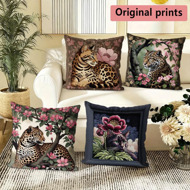 Vintage Wild Cat Floral Print Throw Pillow Covers Pattern Cushion Cover Suitable For Sofa Bedroom Car Pillow Cover