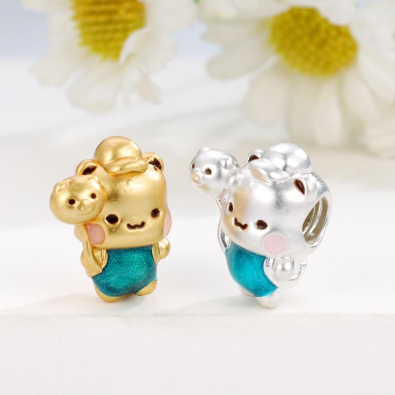 Sterling Silver 999 Cartoon Luck Beads Hand-Woven Rope DIY Jewelry Accessories