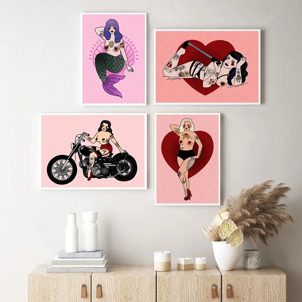 Pink Leopard Cat Sexy Girl Feminism Mermaid Posters And Prints Wall Art Canvas Painting For Living Room Decor