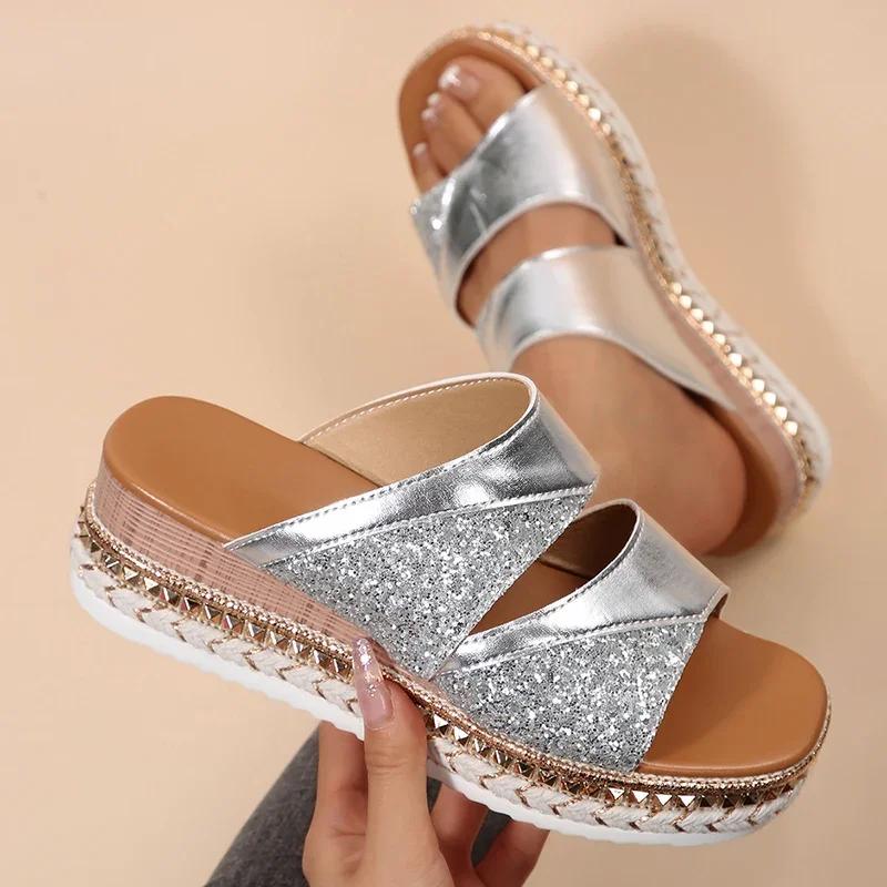 Fashion Fashion Gold Sequins Sandals for Women 2025 Summer Rivet Decor Platform Wedges Slippers Woman Plus Size Thick Bottom Sandles New