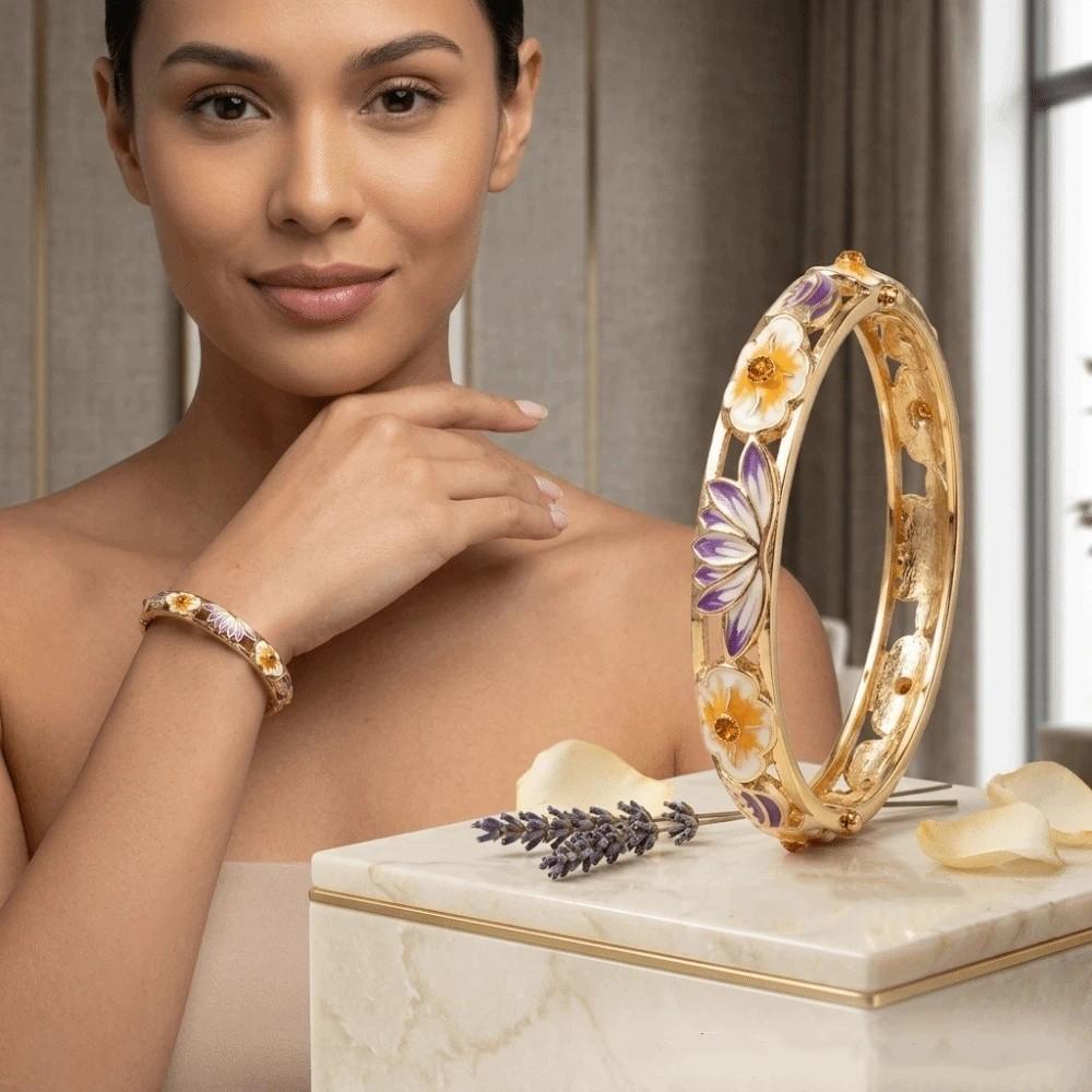 Gold Plated Enamel Floral Bangle Elegant Lotus Floral Open Cuff Bracelet Cloisonne Bangle Ladies