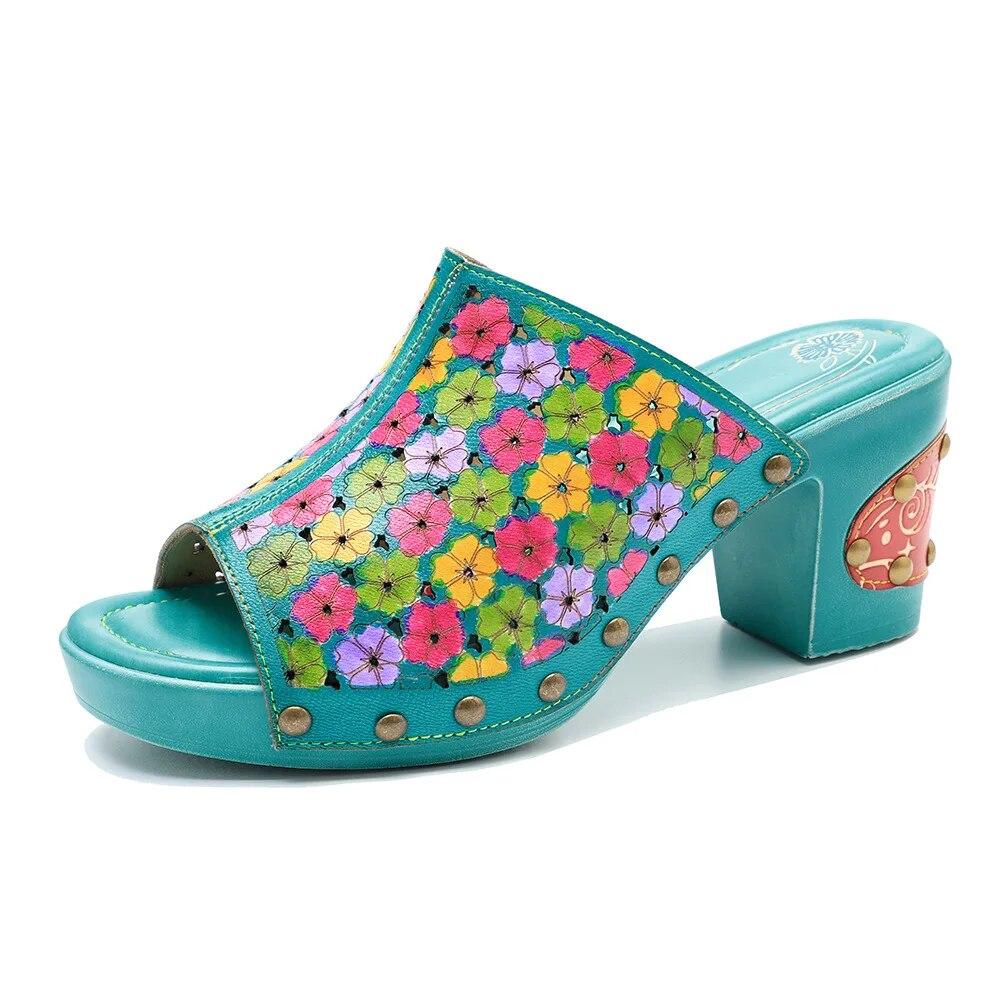 

Johnature/тапочки из натуральной кожи с принтом в стиле ретро, ​​летние шлепанцы с ручной росписью, женская обувь, сандалии на высоком каблуке 41 разноцветный