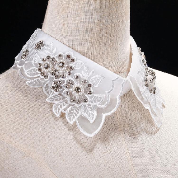 Fashionable Embroidery Floral Beaded Lace Fake Collar for Women Lapel Ruffled Organza Removable Collar Dress Accessory