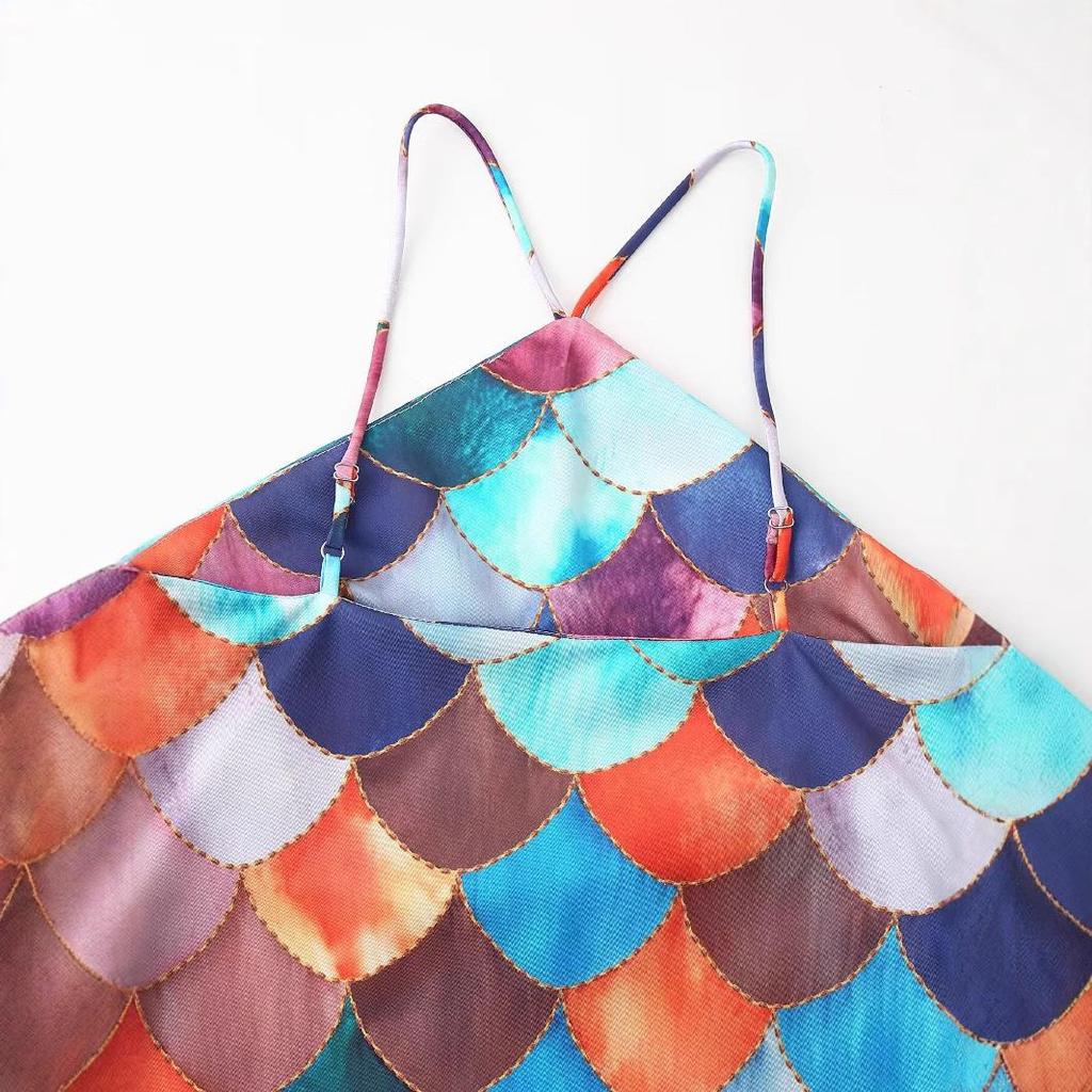 2025 Spring Women's European-American Style Satin Print Halter Dress