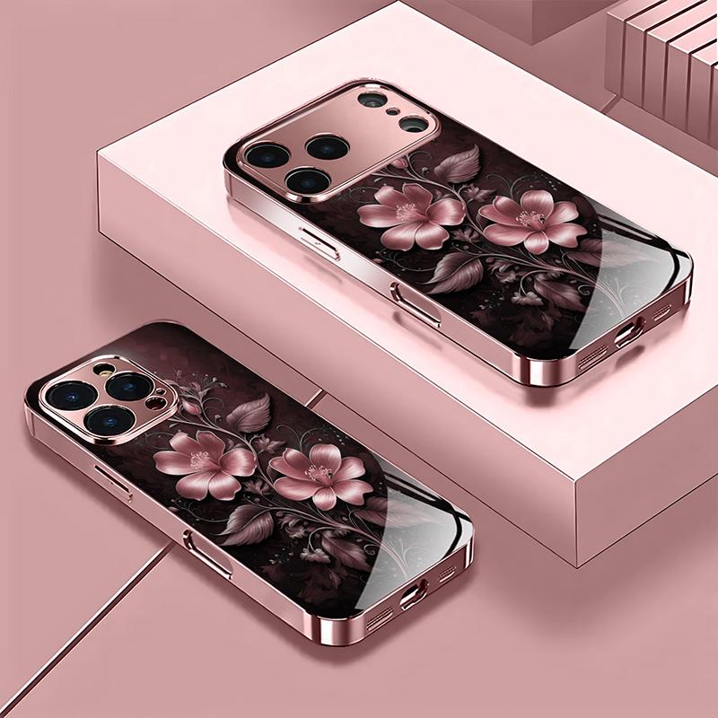 Pink Flowers Pattern Pink Metallic Tempered Glass Phone Case For iPhone 11 12 13 14 15 16 17 Pro Max 15 Plus 17 Air 16E Cover