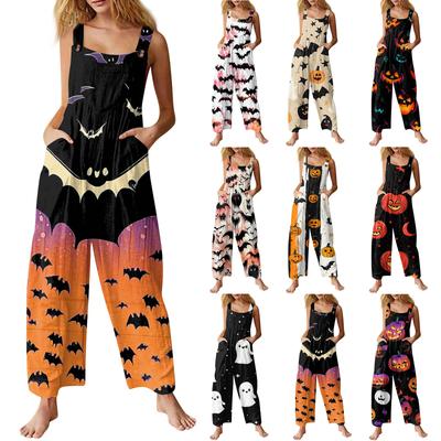 Women's Fashion Halloween Print Casual Vintage Sleeveless Button Jumpsuit