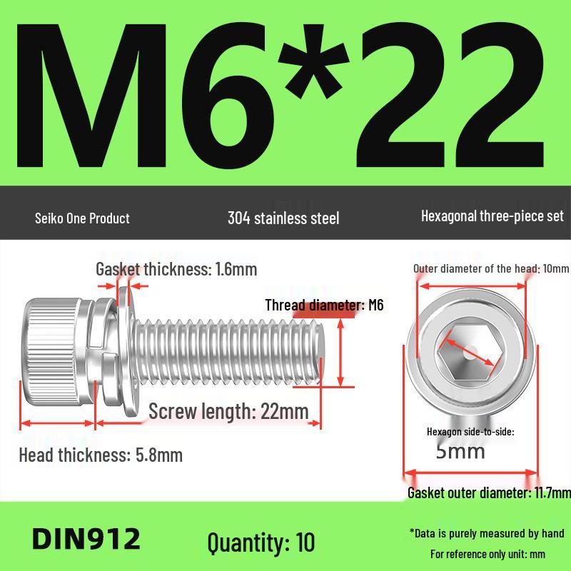 304 Stainless Steel Hex Socket Cap Screw with Washer - Sizes M3, M4, M5, M6, M8, M12