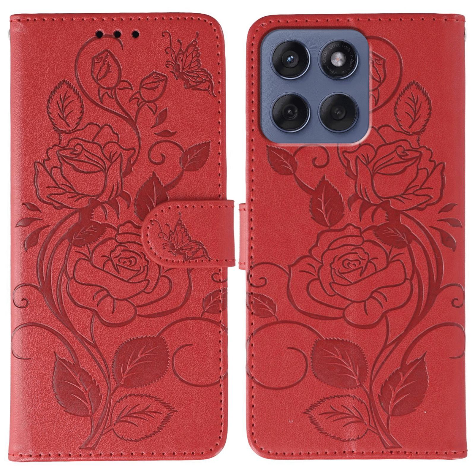 

For Motorola Edge 60 Fusion 5G Case Wallet Stand Imprinted Rose Butterfly PU Leather Phone Cover Red