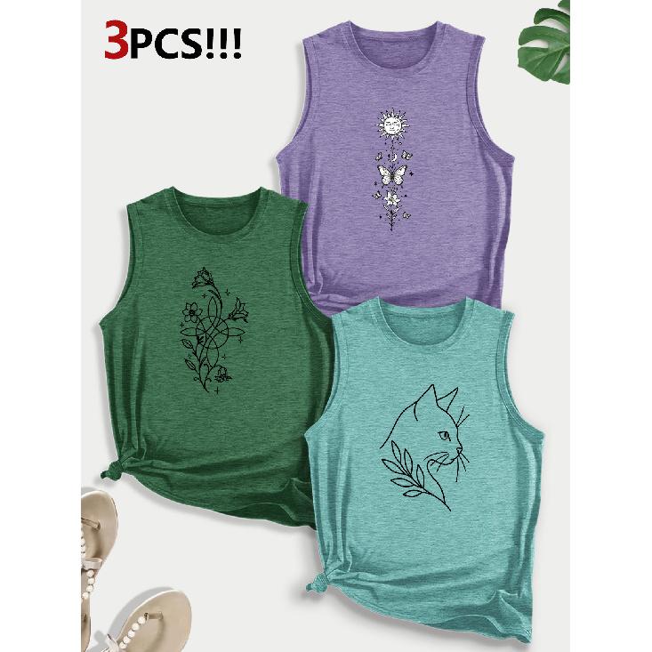 Sunflower Cat Line Art Combination Gift Print Pattern Round Neck3Pack of Sleeveless Vests for Women In Spring, Summer, and Autumn