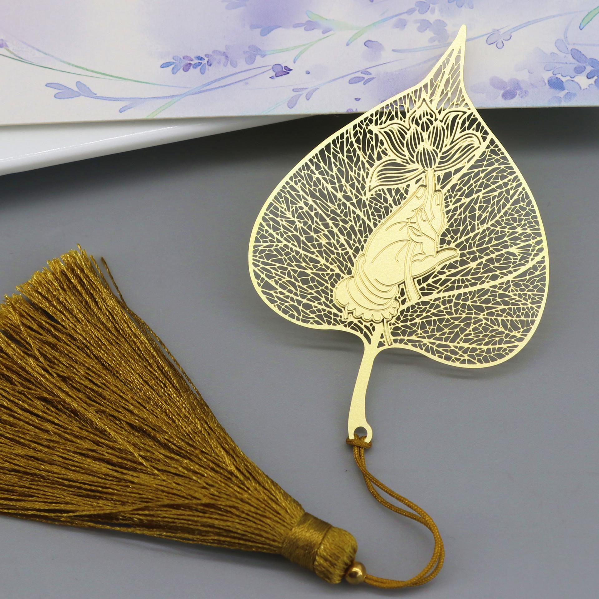 Buddha s Hand Brass Lotus and Bodhi Leaf Tassel Bookmark - Zen Buddhist Design