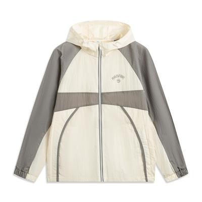 Li Ning Basketball Serie Reverse Five Serie Gespleißte Kapuzenjacke mit Reißverschluss Bequem Atmungsaktiv Vielseitig Herrenjacken Off-White Eisengrau AFDV129-2