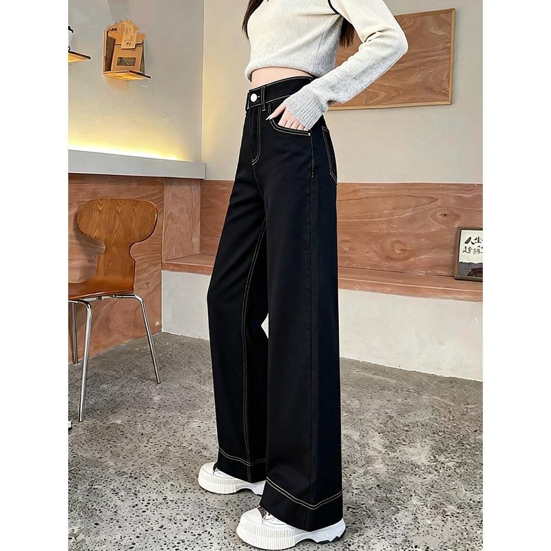 Wide-leg jeans women's denim blue velvet autumn and winter, loose high-waisted and thin elastic straight floor pants