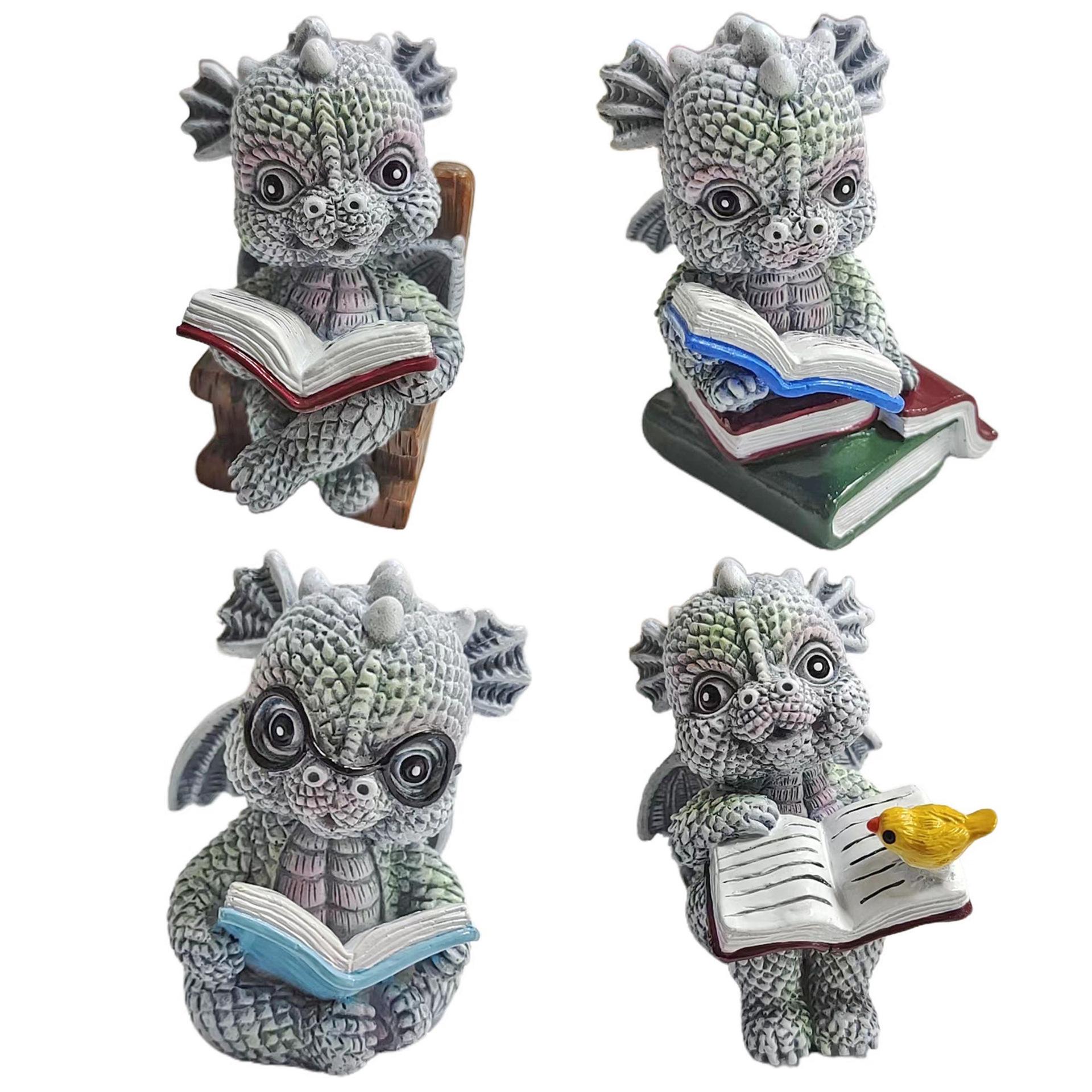 Cute Dragon Resin Statue: Reading Dragon on Book - Garden Ornament