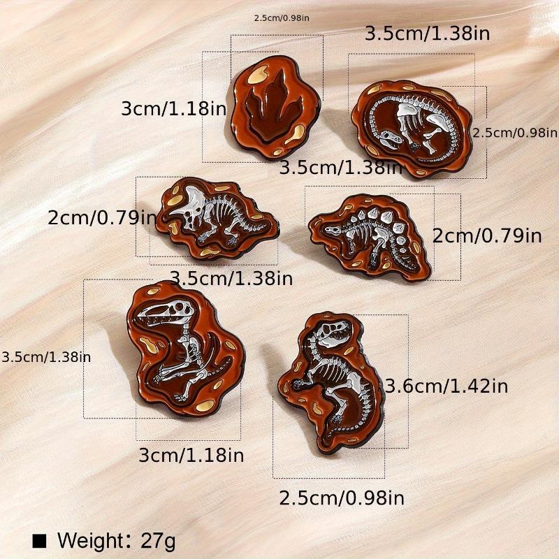 6pcs Creative Dinosaur Fossil Alloy Brooches Embroidery Patches Versatile Additions for Decorating Clothing Shoes and Bags Hats