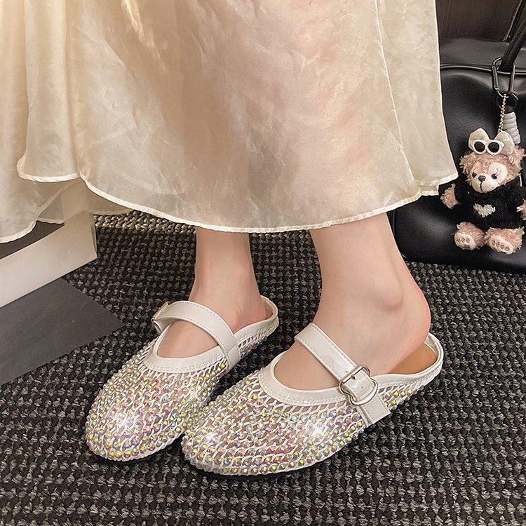 

2025 летние новые нишевые балетки с сеткой и стразами, дышащие, односложные туфли Мэри Джейн на плоской подошве с пряжкой, женские туфли с неглубоким носком 40