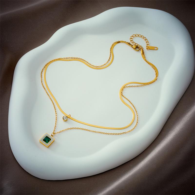 Gold Tone Double Layer Herringbone Chain Necklace with Emerald CZ Pendant