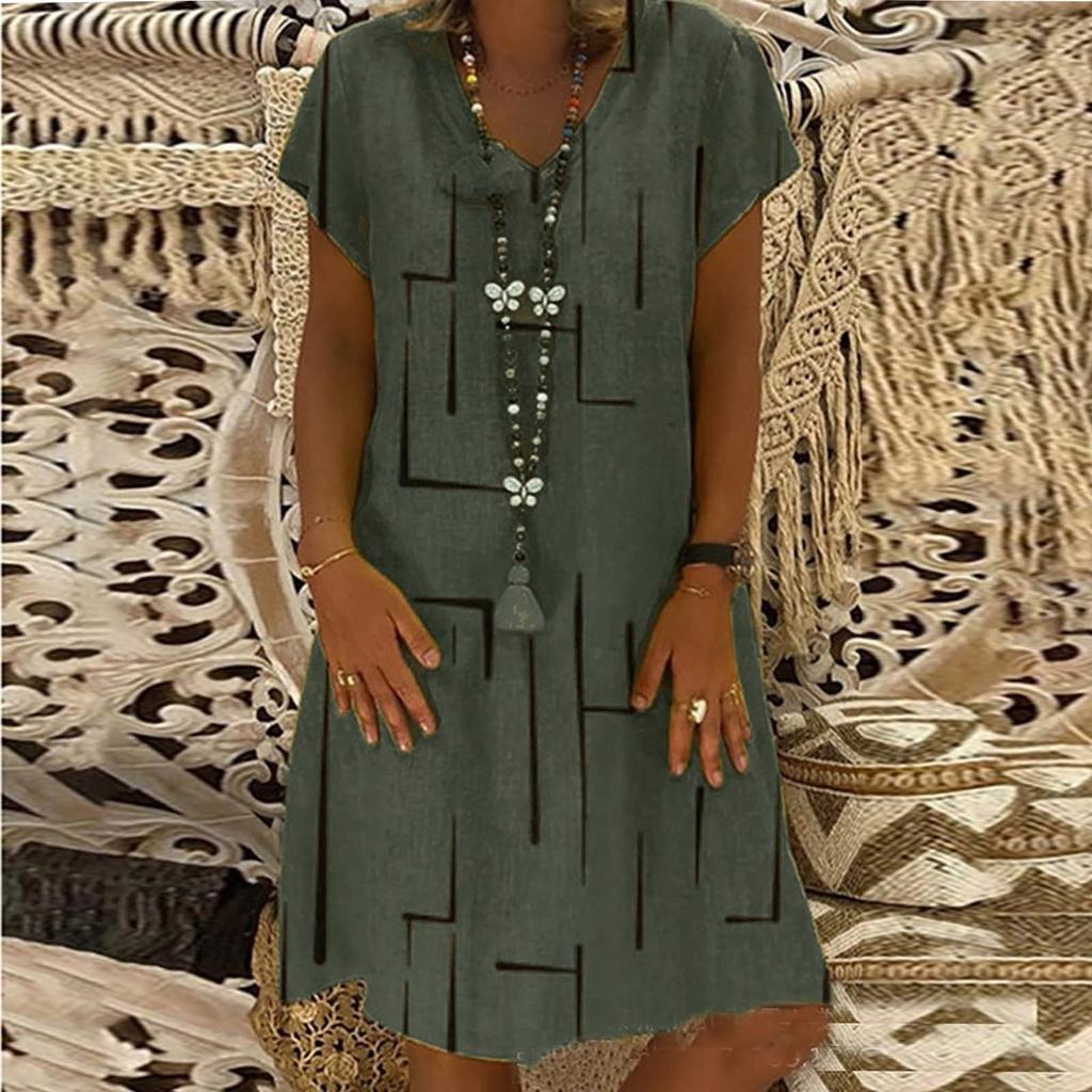 Folded Line Printing Loose Pullover Princess Dress V-neck Ladies Dress