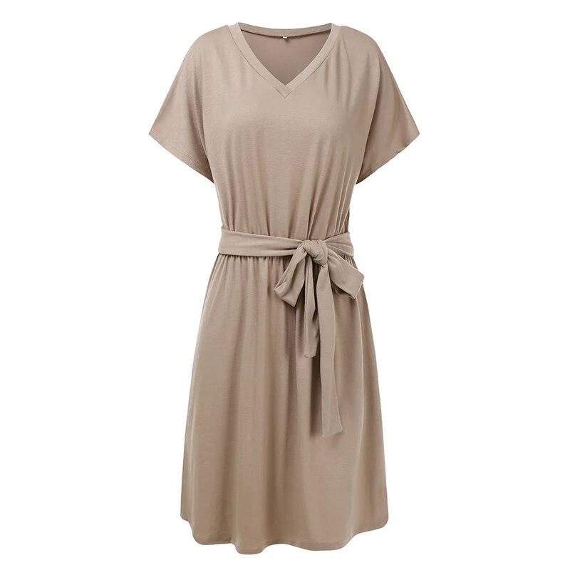 

Женское мини-платье с высокой талией и коротким рукавом, базовое струящееся платье, свободное платье с v-образным вырезом, однотонное вечернее платье с поясом XL