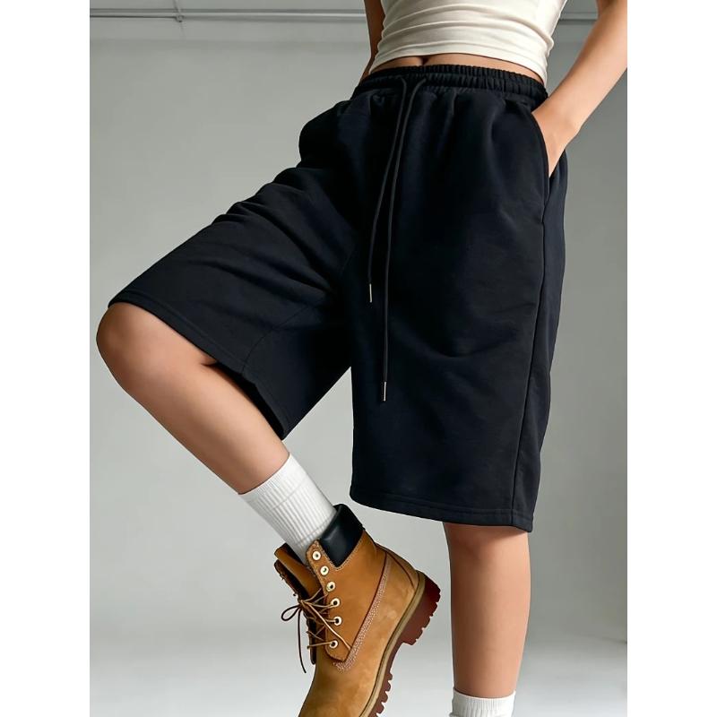 Solid Color Drawstring Shorts Summer Casual Elastic Waist Shorts Women s Clothing Sports Casual Shorts Women Shorts XS чёрный