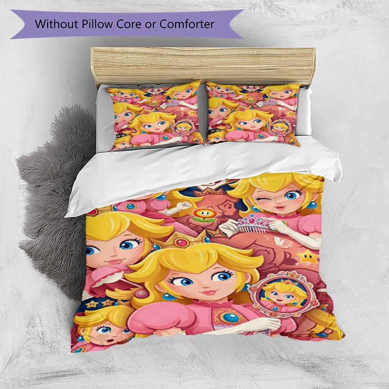 3pcs Duvet Cover Set (1*Duvet Cover + 2*Pillowcase, Without Core), Princess Peach Toadstool Print Bedding Set, Bedroom Decor, All‑Season, Birthday Gif
