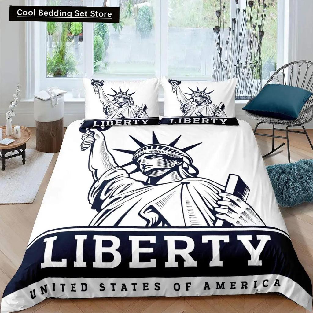 Freiheitsstatue Bettbezug Hip Hop Doppelgröße Friedenszeichen Liebesherz Bettwäscheset Amerikanische Augen Bunt Polyester Steppdecke