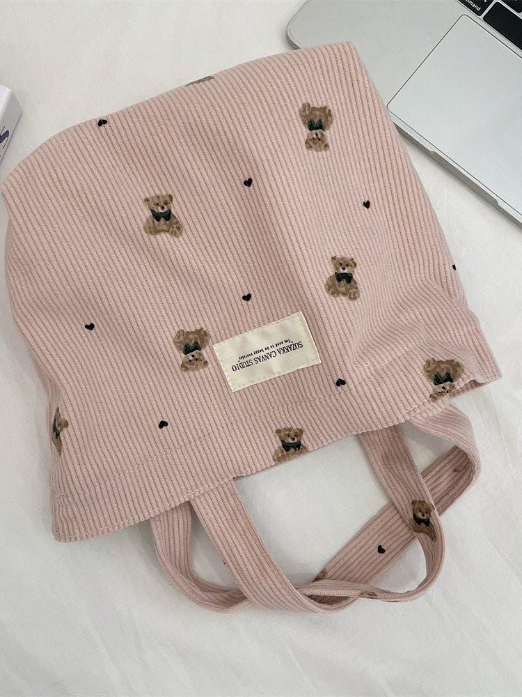 Cozy Corduroy Bear Tote Bag For Women In Soft Colors Ideal For Work And Outings
