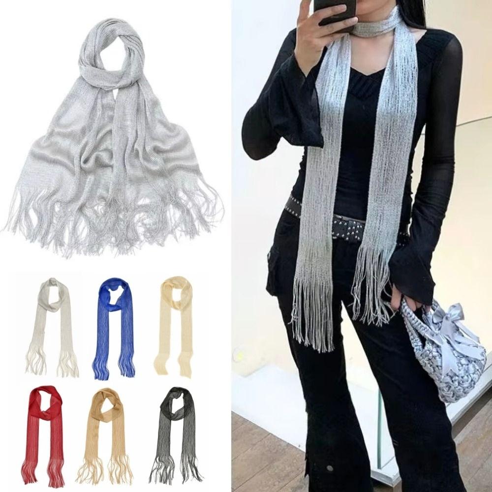 Fashion Long Tassel Scarf Shiny Thin Ribbon Scarf Multi-purpose Sunscreen Shawl Evening Dress