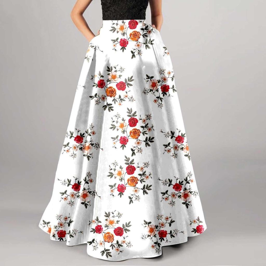 Women's Fashion Floral Print Loose Half Skirt High Waist Beach Extra Long Dress