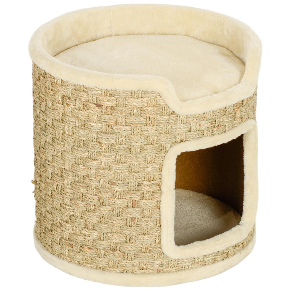 Cat Scratching Post, Play and Relaxation Area, Plush, diameter 38 x 37H cm, Khaki-Beige, Up to 5 kg