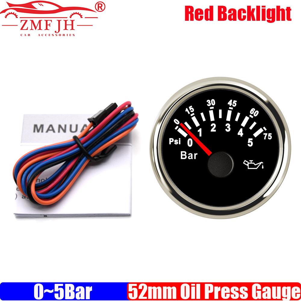 ZMFJH Pointer 2"52MM Oil Pressure Gauge with Red Backlight 0~5Bar,0~10Bar,0-75PSI,0-145PSI Oil Press Meter for Car Boat Yacht