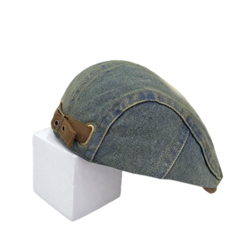Retro washed denim forward hat women's casual versatile big head circumference shows a small face, wearing a duck tongue beret