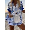 Sommar Ny Dam Tryckt Kortärmad Skjorta Set Hög Midja Löst Tryckt Shorts Tvådelat Casual Mångsidigt Set